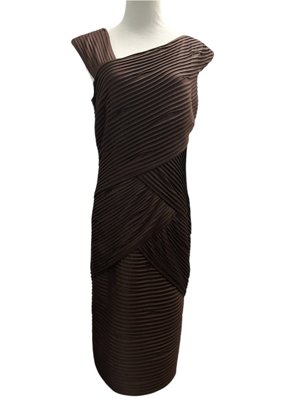 Tadashi Shoji Women's Size L Large Chocolate Brown Pleated Sleeveless Midi Dress